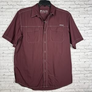 Ariat Tek Button Up Short Sleeved Shirt Mens Size M Maroon UPF Western